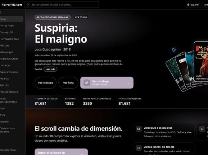 Portada de Horrorfilia con su catálogo de terror y el acceso al videoclub 3D