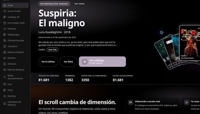 Portada de Horrorfilia con su catálogo de terror y el acceso al videoclub 3D