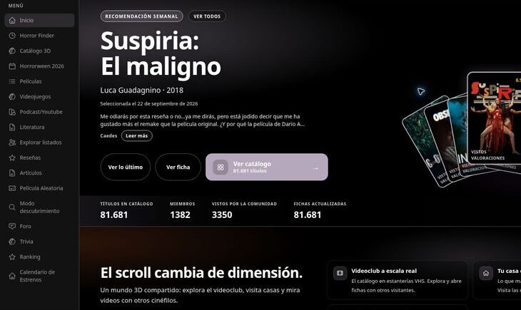 Portada de Horrorfilia con su catálogo de terror y el acceso al videoclub 3D
