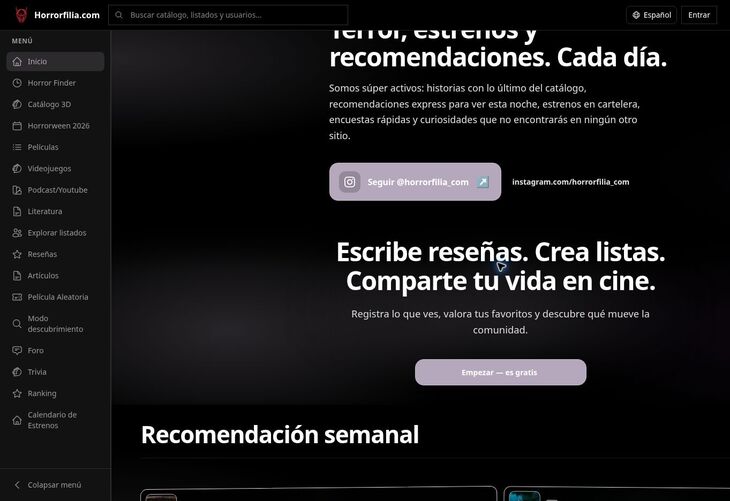 Comunidad de Horrorfilia con reseñas, listas y el perfil oficial del proyecto