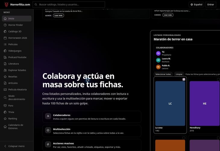 Herramientas de Horrorfilia para listas colaborativas y acciones masivas