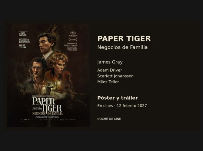 Póster de Paper Tiger con Adam Driver, Scarlett Johansson y Miles Teller, conservado completo con márgenes.
