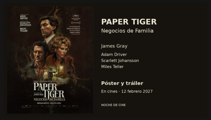 Póster de Paper Tiger con Adam Driver, Scarlett Johansson y Miles Teller, conservado completo con márgenes.