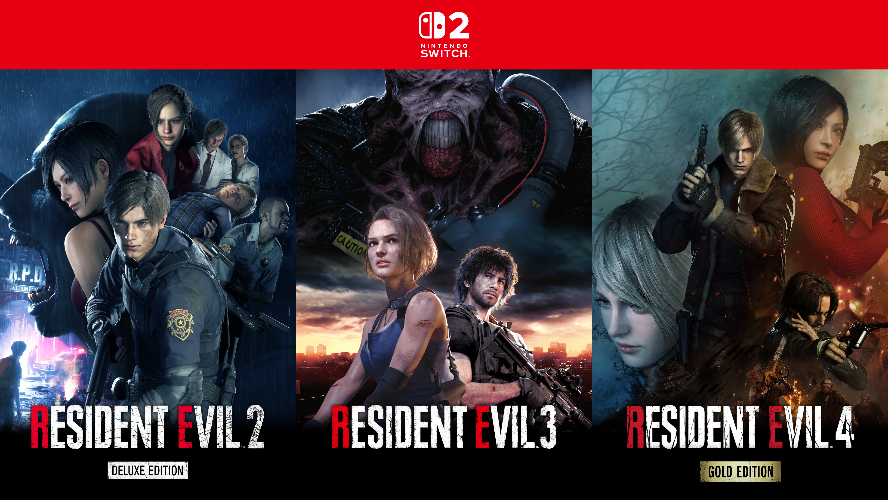 Imagen oficial de Resident Evil 2 Deluxe Edition, Resident Evil 3 y Resident Evil 4 Gold Edition para Nintendo Switch 2