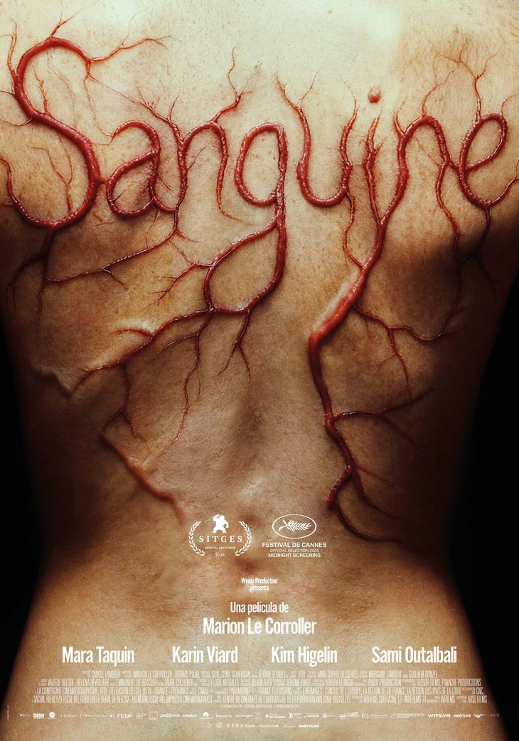Póster oficial de Sanguine, con una joven y el título en rojo; incluye los créditos y el estreno del 6 de noviembre.