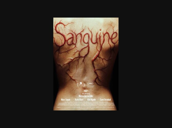 Póster completo de Sanguine con el título, créditos y fecha de estreno, conservado con márgenes.