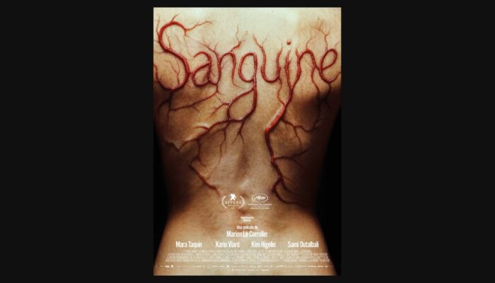Póster completo de Sanguine con el título, créditos y fecha de estreno, conservado con márgenes.