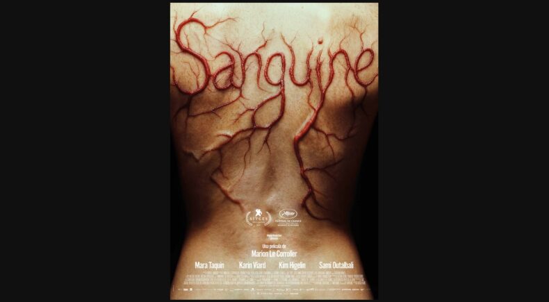 Póster completo de Sanguine con el título, créditos y fecha de estreno, conservado con márgenes.