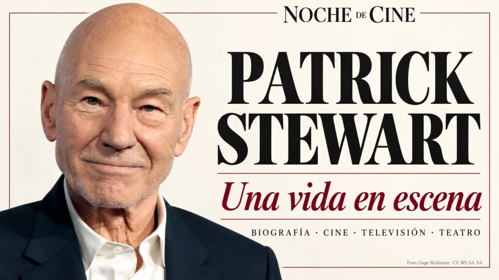 Patrick Stewart: retrato de archivo de Gage Skidmore, con diseño editorial de homenaje