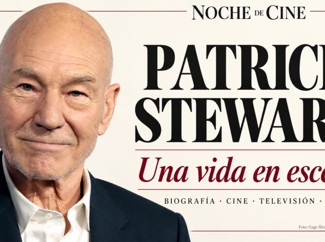Patrick Stewart: retrato de archivo de Gage Skidmore, con diseño editorial de homenaje