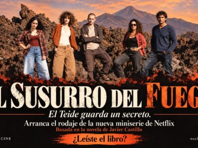 Creatividad editorial de Noche de Cine basada en la fotografía de prensa de El susurro del fuego facilitada por Netflix, con el reparto y el anuncio de rodaje.