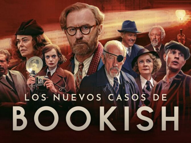 Imagen promocional oficial de Los nuevos casos de Bookish con el reparto y el título sobre fondo rojo.