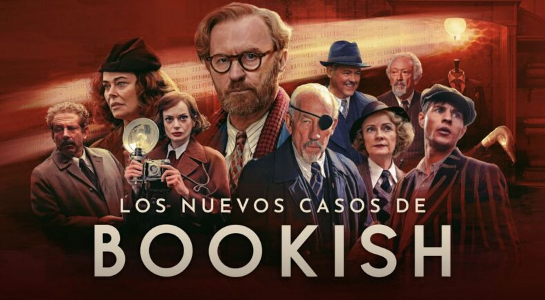 Imagen promocional oficial de Los nuevos casos de Bookish con el reparto y el título sobre fondo rojo.