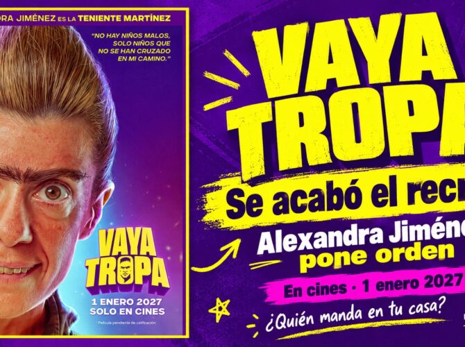 Creatividad editorial basada en el cartel oficial de Vaya tropa, con Alexandra Jiménez como la teniente Martínez y estreno el 1 de enero de 2027.