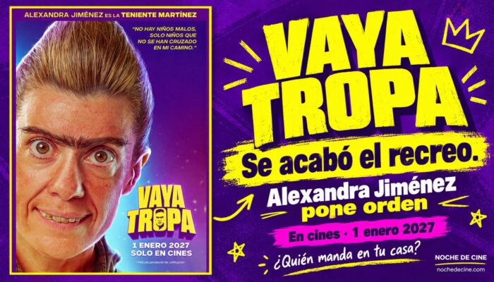 Creatividad editorial basada en el cartel oficial de Vaya tropa, con Alexandra Jiménez como la teniente Martínez y estreno el 1 de enero de 2027.