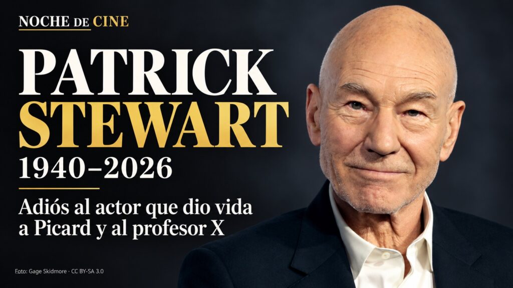 Patrick Stewart: retrato de archivo de Gage Skidmore, con diseño editorial de homenaje