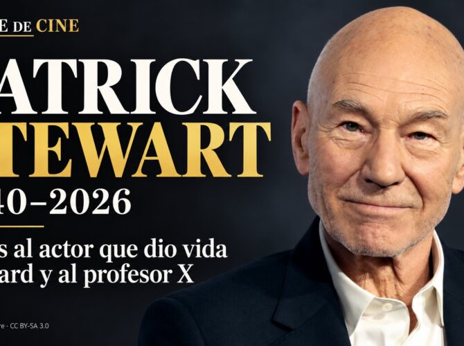 Patrick Stewart: retrato de archivo de Gage Skidmore, con diseño editorial de homenaje