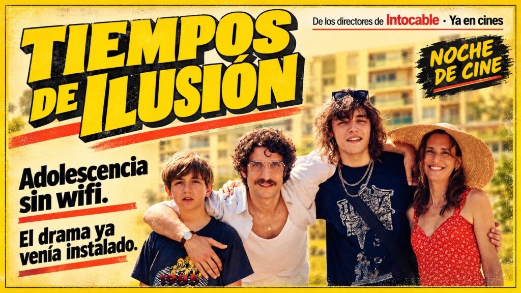 Los protagonistas de Tiempos de ilusión en una composición editorial amarilla basada en el cartel oficial de A Contracorriente Films.