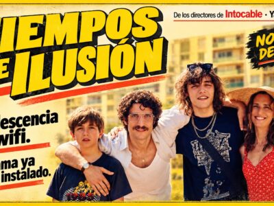 Los protagonistas de Tiempos de ilusión en una composición editorial amarilla basada en el cartel oficial de A Contracorriente Films.