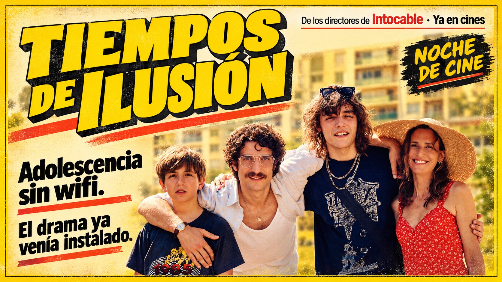 Los protagonistas de Tiempos de ilusión en una composición editorial amarilla basada en el cartel oficial de A Contracorriente Films.