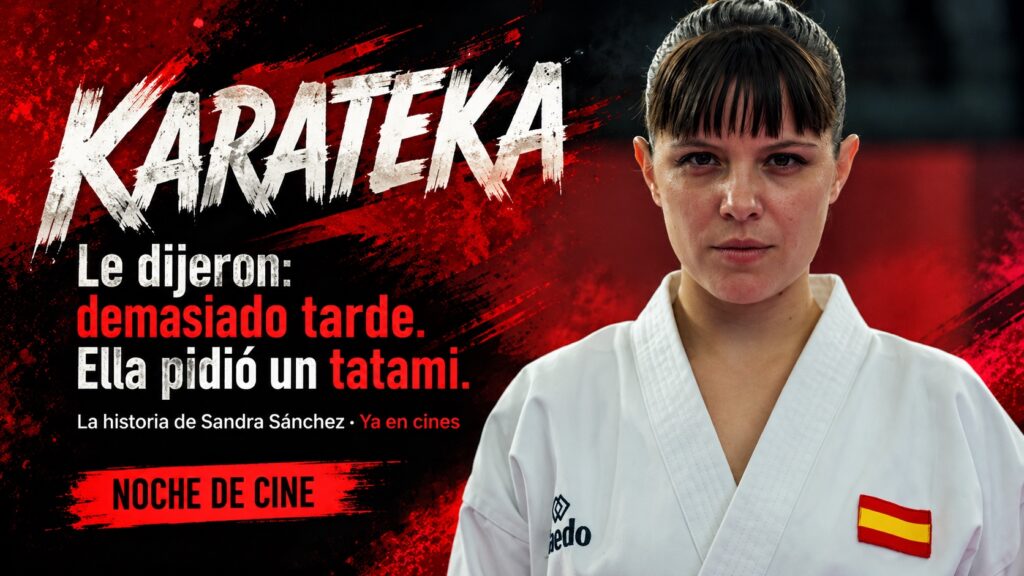 Andrea Ros caracterizada como Sandra Sánchez, con kimono, en una creatividad editorial de Karateka basada en el material de Atresmedia Cine.