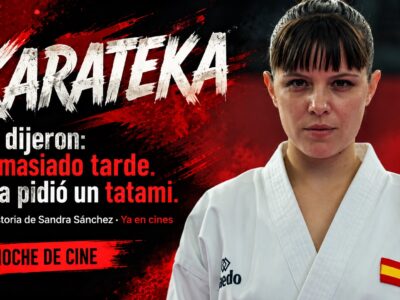 Andrea Ros caracterizada como Sandra Sánchez, con kimono, en una creatividad editorial de Karateka basada en el material de Atresmedia Cine.