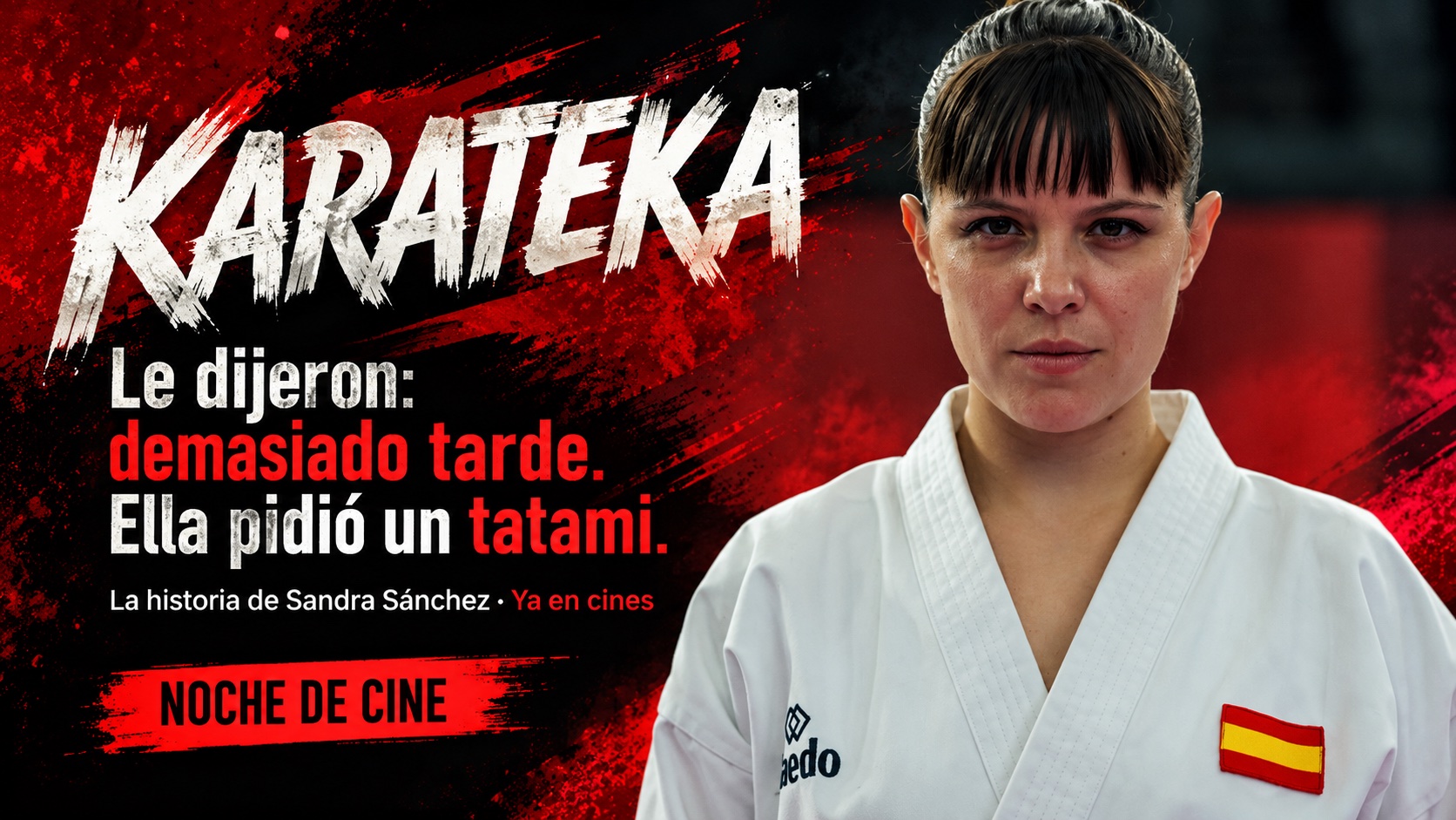 Andrea Ros caracterizada como Sandra Sánchez, con kimono, en una creatividad editorial de Karateka basada en el material de Atresmedia Cine.