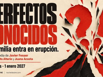 Diseño editorial tipográfico de Noche de Cine para Perfectos conocidos: La familia entra en erupción. Estreno el 1 de enero de 2027. No es el cartel oficial.