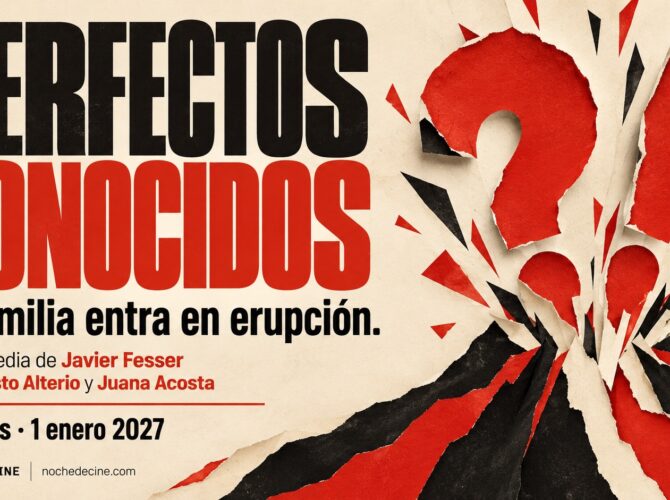 Diseño editorial tipográfico de Noche de Cine para Perfectos conocidos: La familia entra en erupción. Estreno el 1 de enero de 2027. No es el cartel oficial.