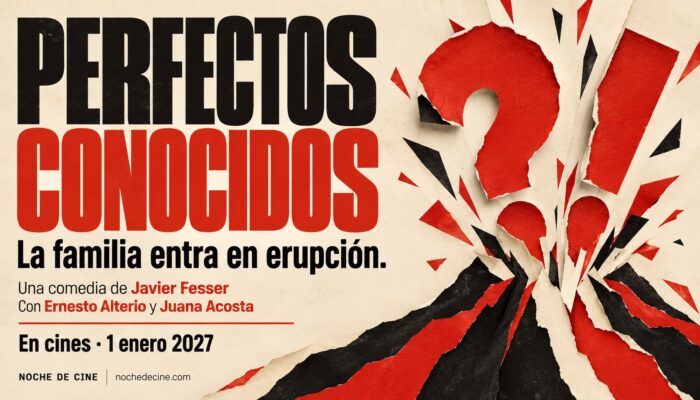 Diseño editorial tipográfico de Noche de Cine para Perfectos conocidos: La familia entra en erupción. Estreno el 1 de enero de 2027. No es el cartel oficial.