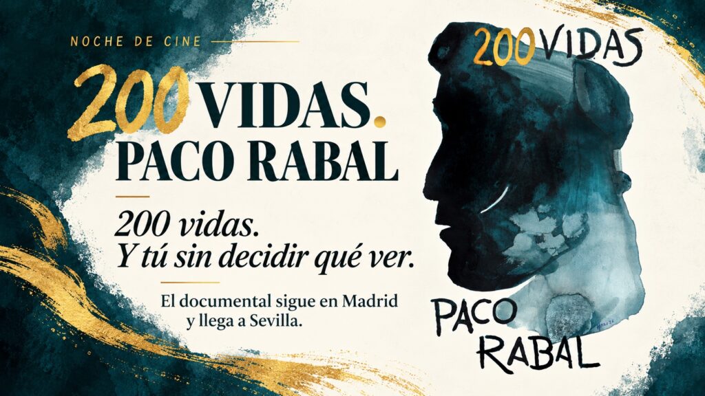 Silueta pintada de Paco Rabal procedente del cartel oficial de 200 vidas, en composición editorial verde y marfil.